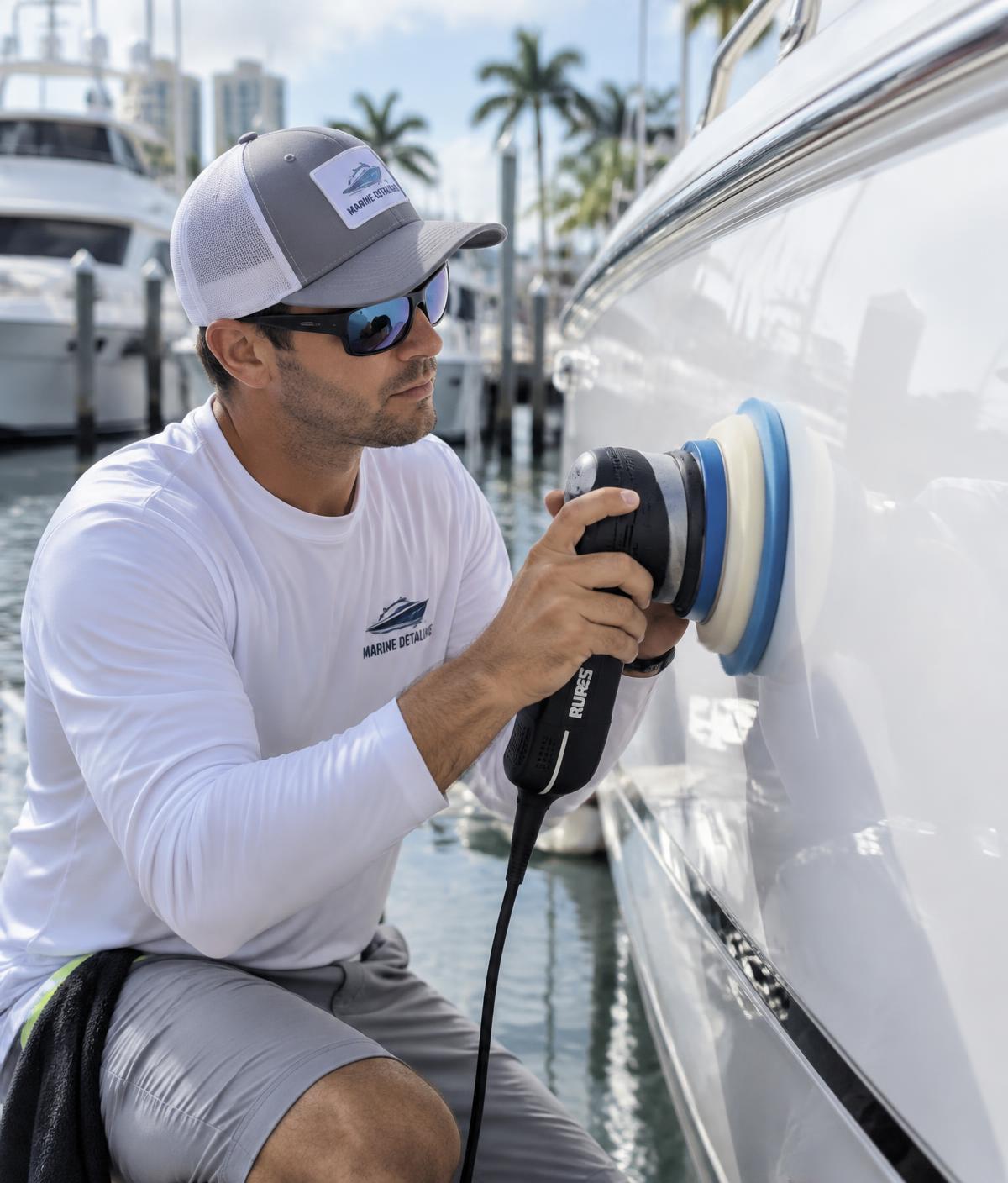 A&G Marine Solution technician machine-polishing a boat hull at a South Florida marina